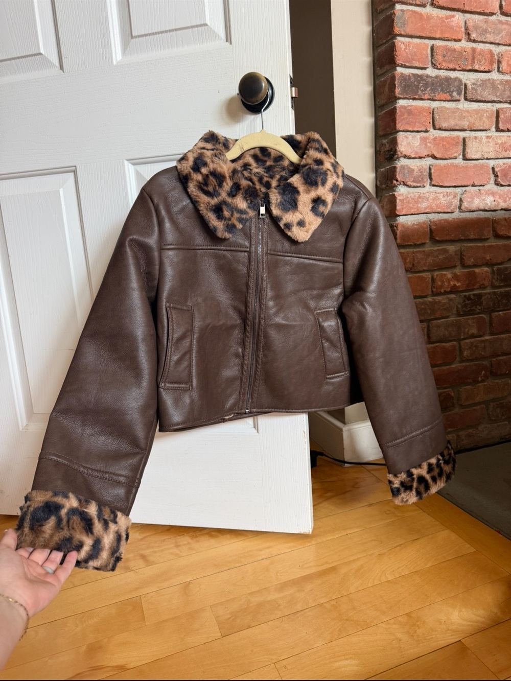 NWT Love Tree Vegan Leather Leopard Trim Bomber Jacket ✨